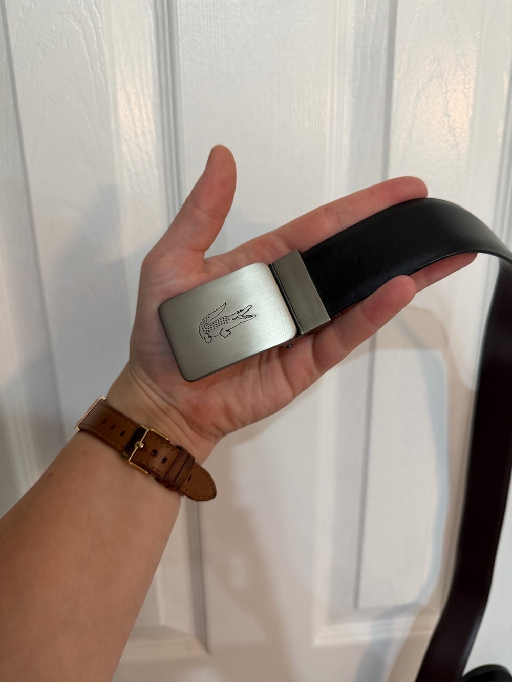 Lacoste Black Leather Belt with Brushed Silver Crocodile Buckle